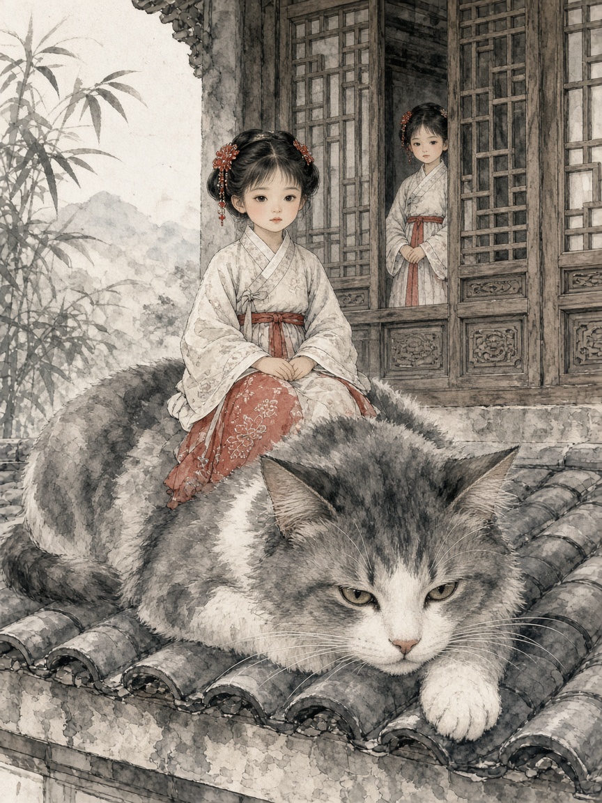 Girl in traditional hanfu sits on a giant grey tabby cat on a tiled rooftop, another girl watches from a carved lattice wi...