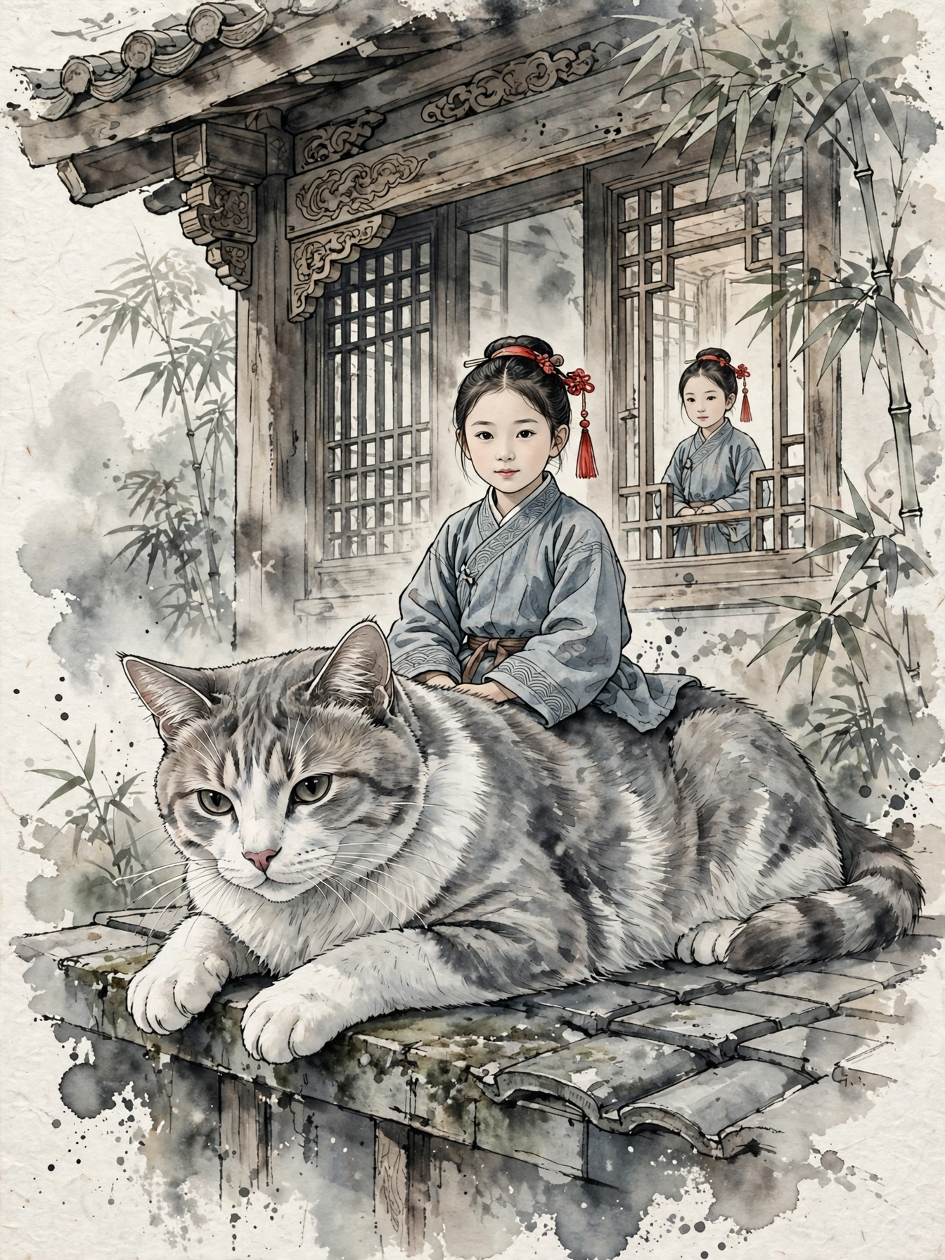 Traditional ink wash illustration of a giant grey tabby cat with a girl in hanfu sitting on its back on a home rooftop.
