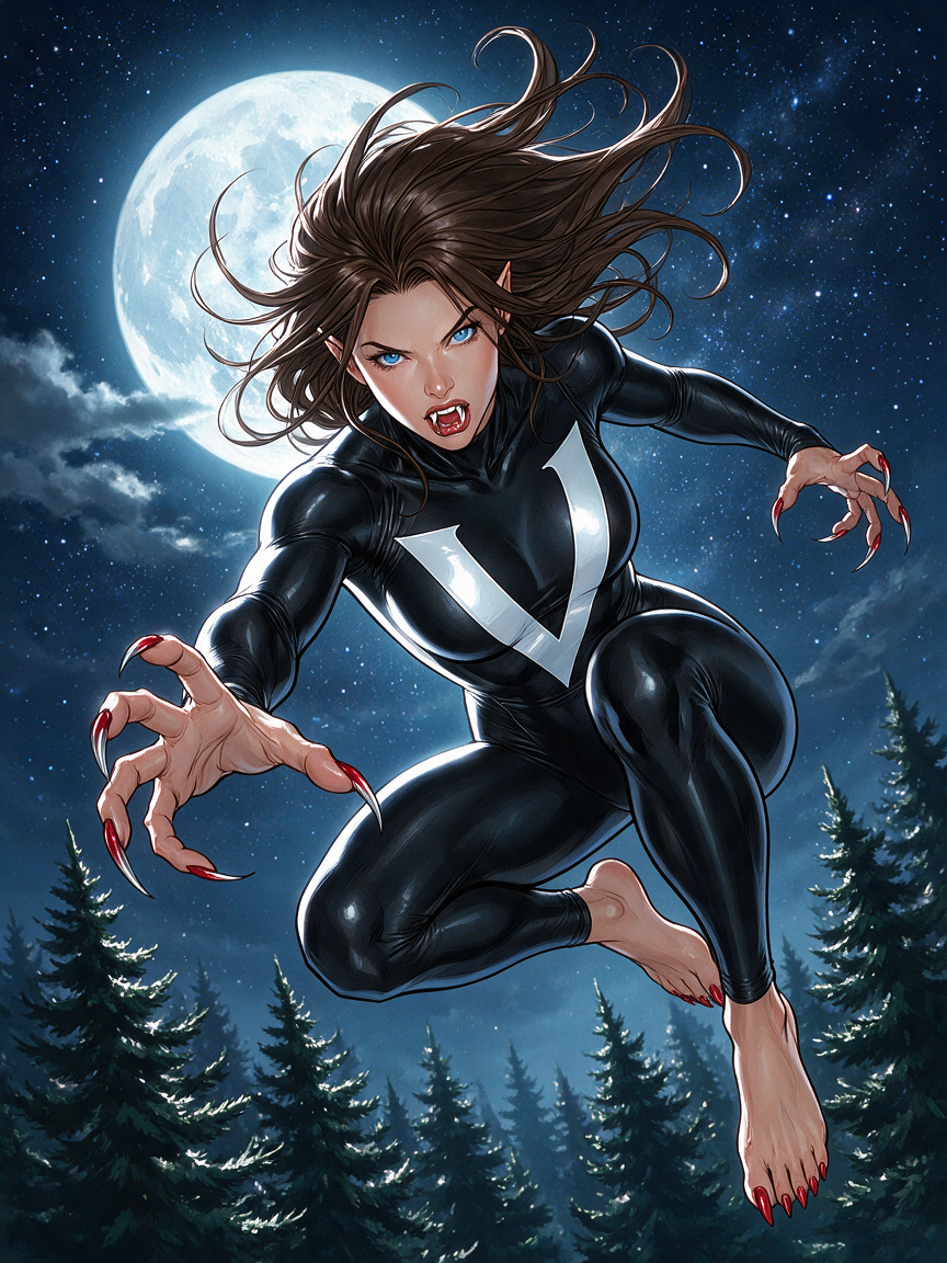 Dynamic comic art of a female vampire superhero leaping, clawed hands extended, full moon over pine forest night background