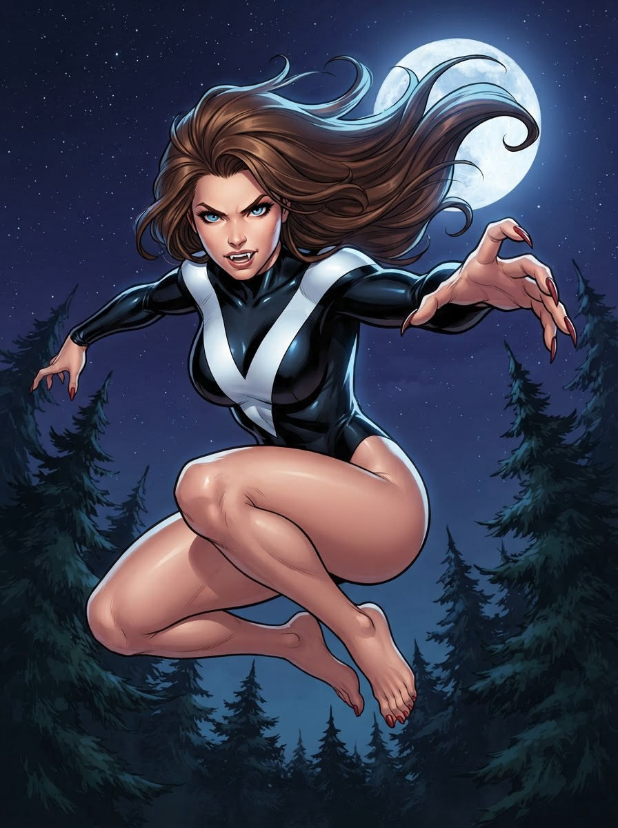 Dynamic comic art of a clawed female werewolf superhero leaping over a pine forest beneath a bright full moon night sky.