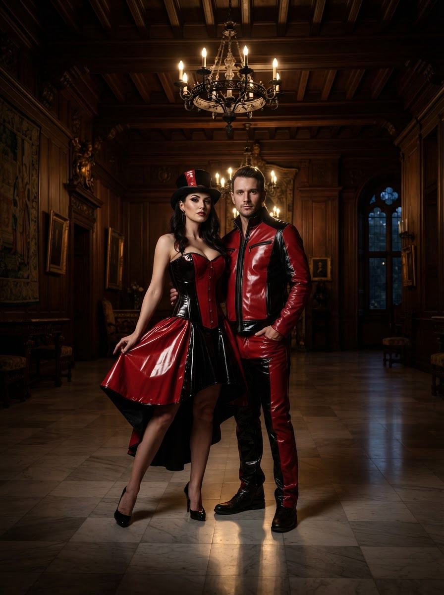 Stylish couple in matching red-black latex couture pose in an ornate dark wood paneled historic manor ballroom.