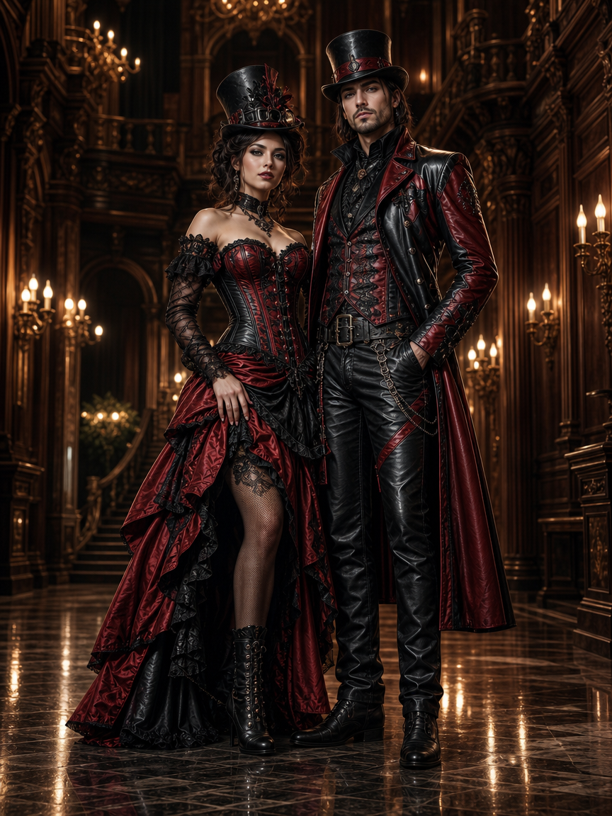 Gothic steampunk couple in matching black and crimson formal top hat attire stand in an ornate candlelit grand Victorian b...