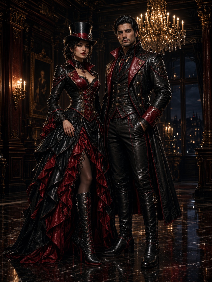 Ornate steampunk gothic couple in black and red leather formal wear stand in a candlelit luxury Victorian ballroom.