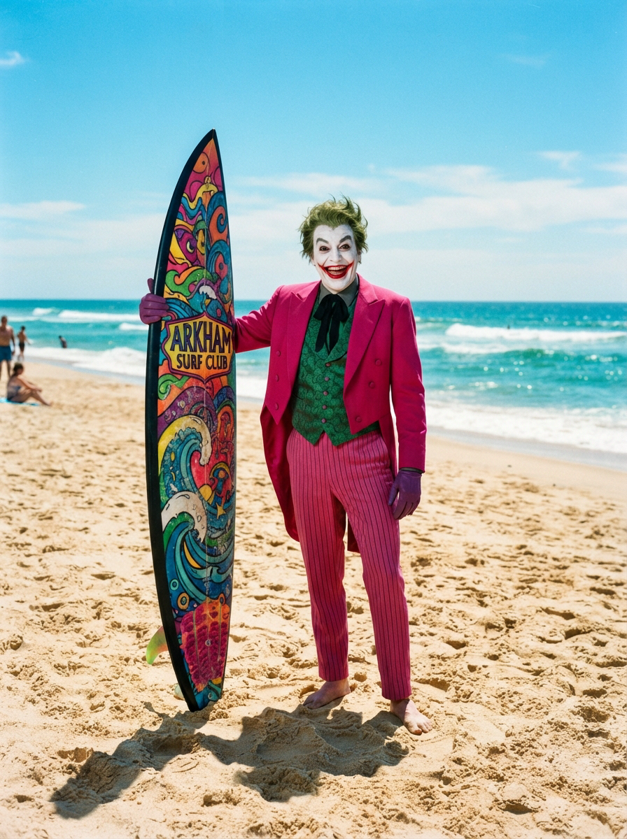 Joker in a pink suit holds a colorful Arkham Surf Club surfboard while standing on a sunny sandy beach.