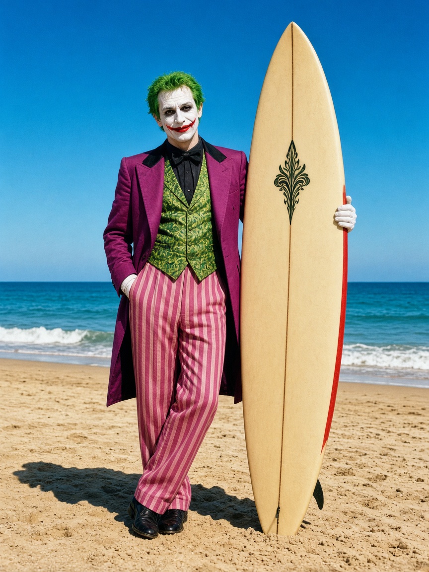 Classic Joker character in iconic purple costume holding a wooden surfboard on a sunny sandy ocean beach