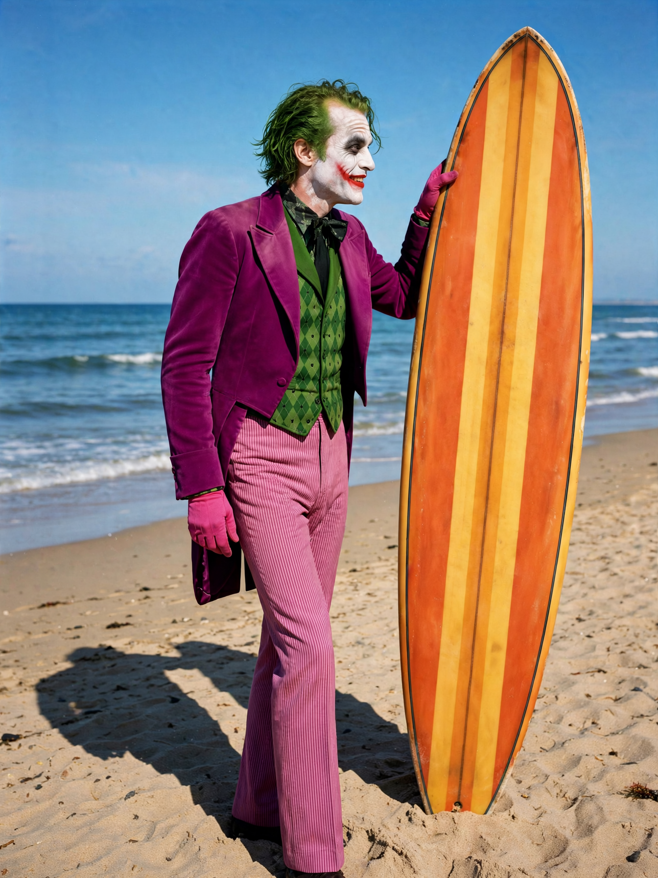 Classic 1960s Joker cosplayer holding a retro striped surfboard while standing on a sunny sandy ocean beach
