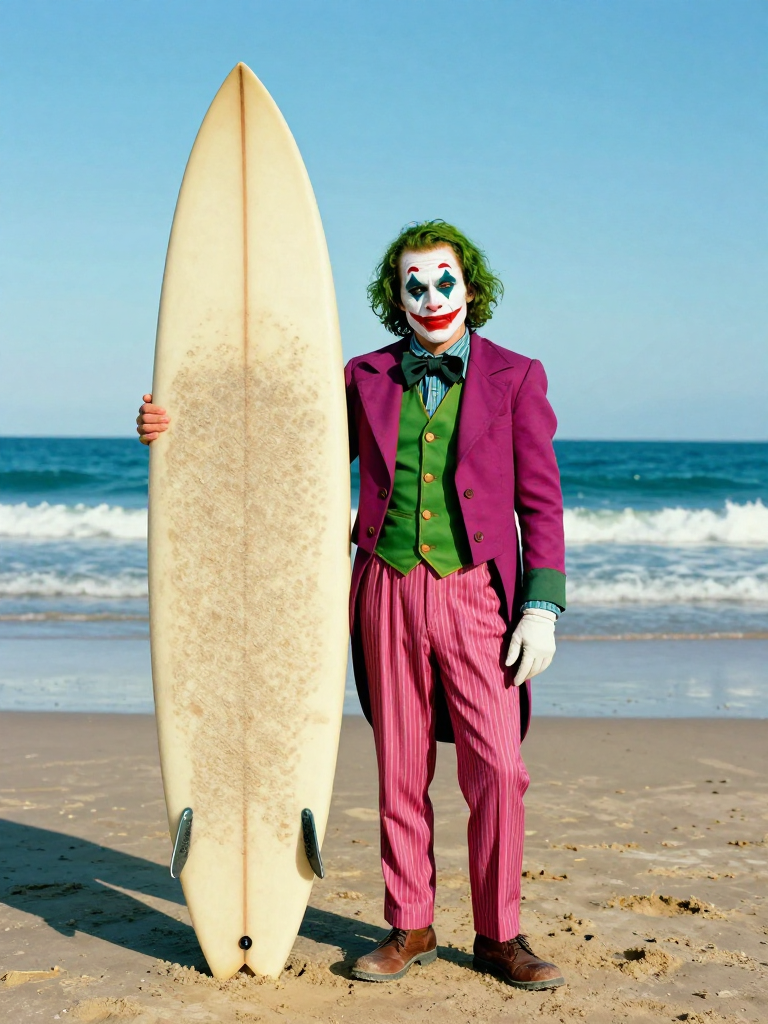 Joker cosplayer in iconic clown costume holds a vintage surfboard standing on a sunny sandy ocean beach