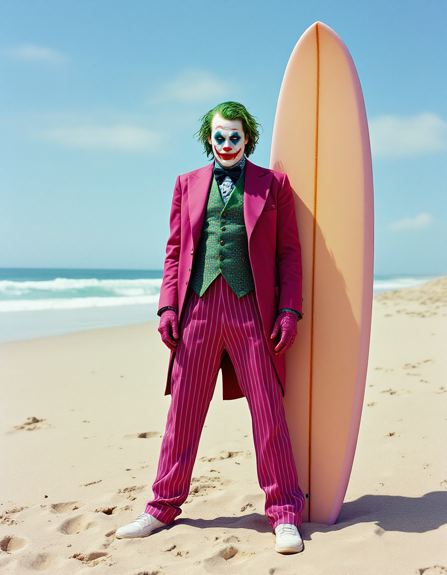 Joker character in a magenta pinstripe suit stands on a sunny sandy beach next to a peach surfboard