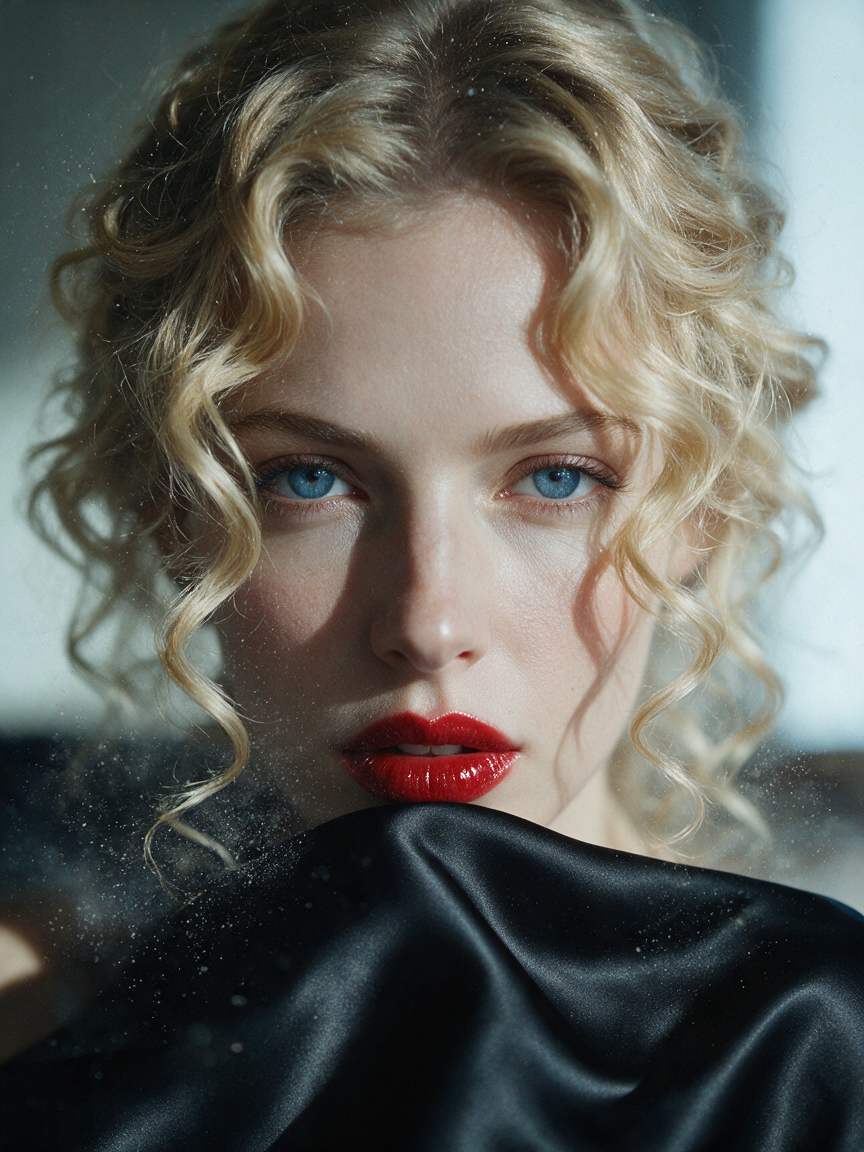 Close-up portrait of a woman with curly blonde hair, bright blue eyes, glossy red lipstick resting against smooth black sa...