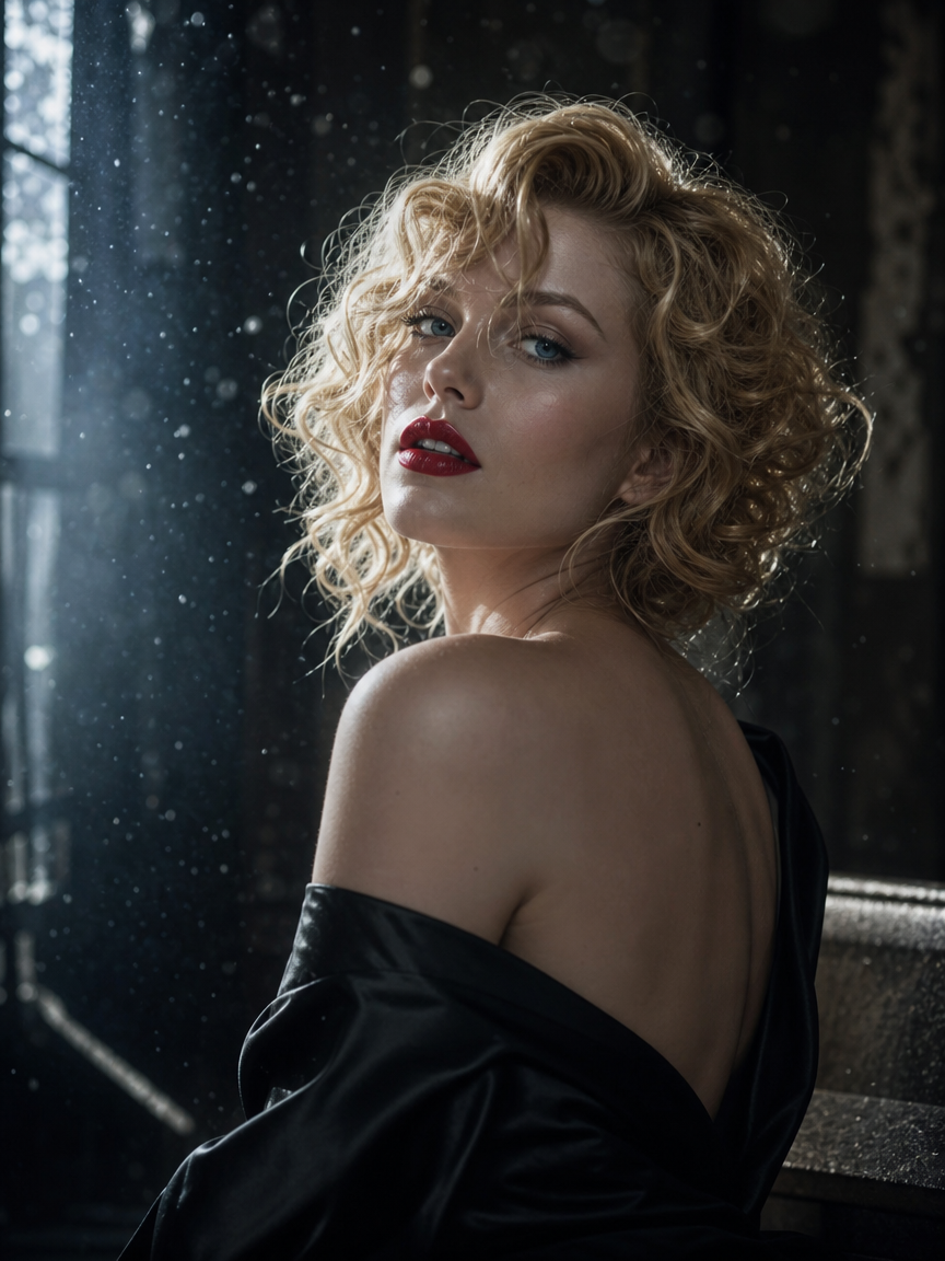 [Glamour portrait of a curly blonde woman with bold red lipstick looking over her shoulder, lit by dramatic side window li...