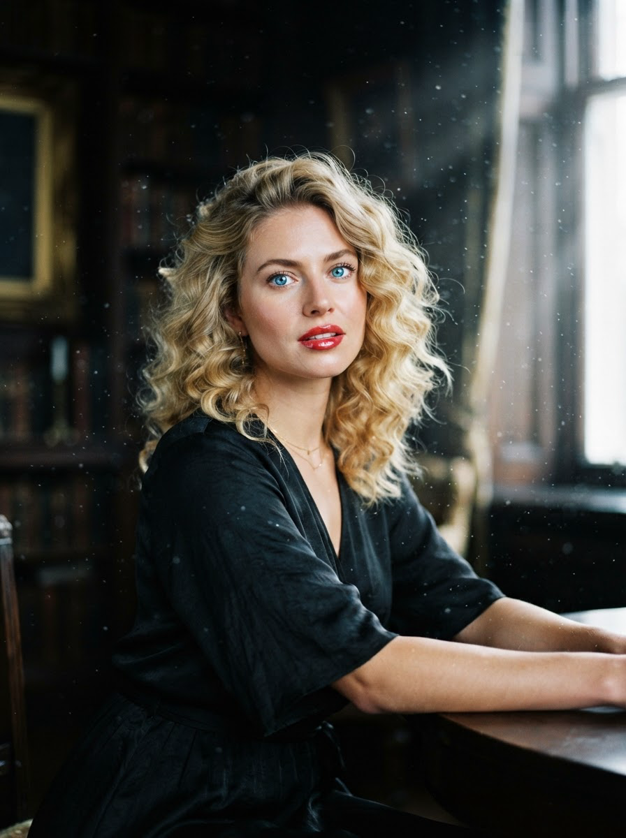 Portrait of elegant curly blonde woman with bright blue eyes seated at a table in a sunlit vintage dark library