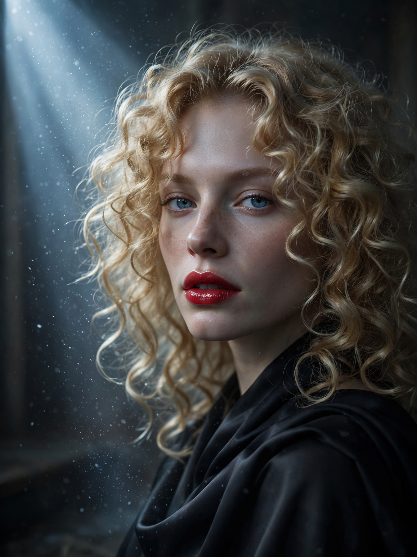 [Close-up portrait of a woman with curly blonde hair, blue eyes, bold red lipstick, lit by a dramatic sunbeam through floa...