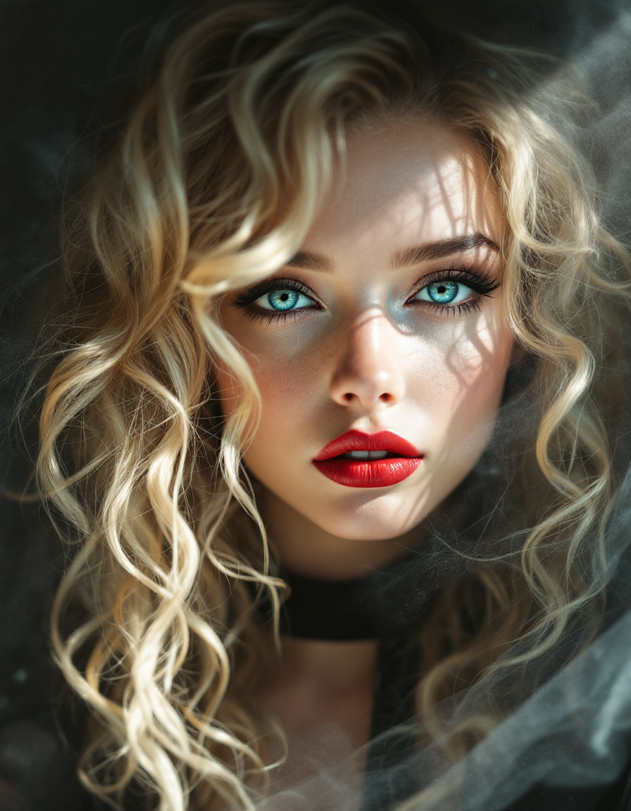 Close-up fine art portrait of a woman with curly blonde hair, bright turquoise eyes, red lipstick, and dappled window shad...