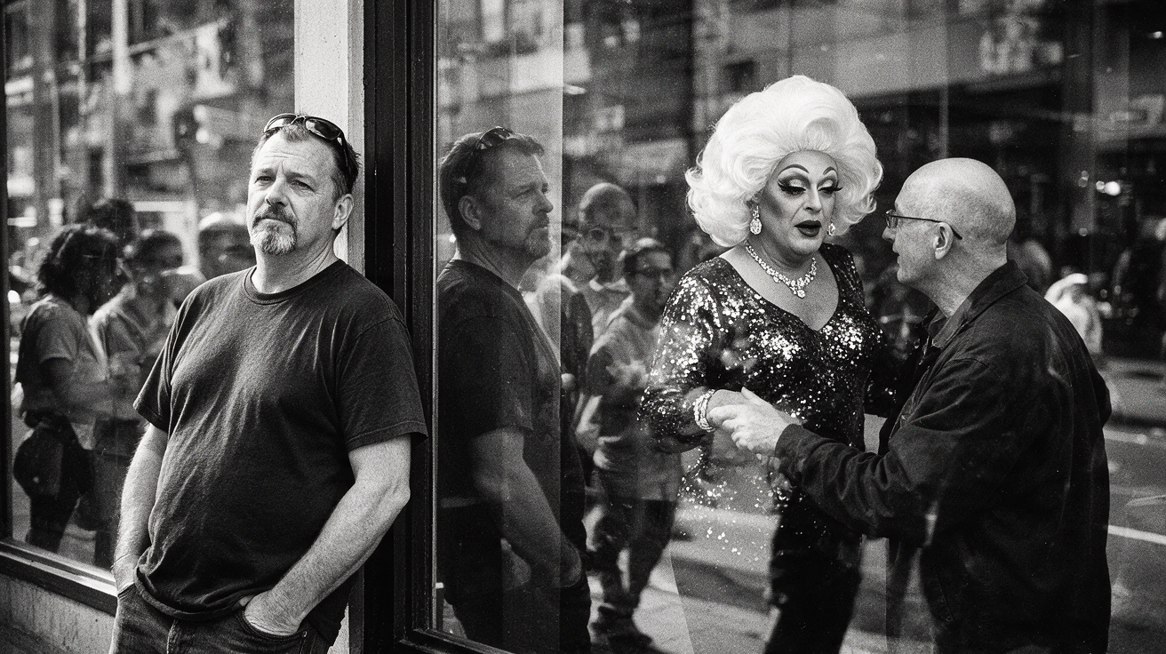 Black and white candid street scene of a drag queen conversing beside a reflective glass storefront