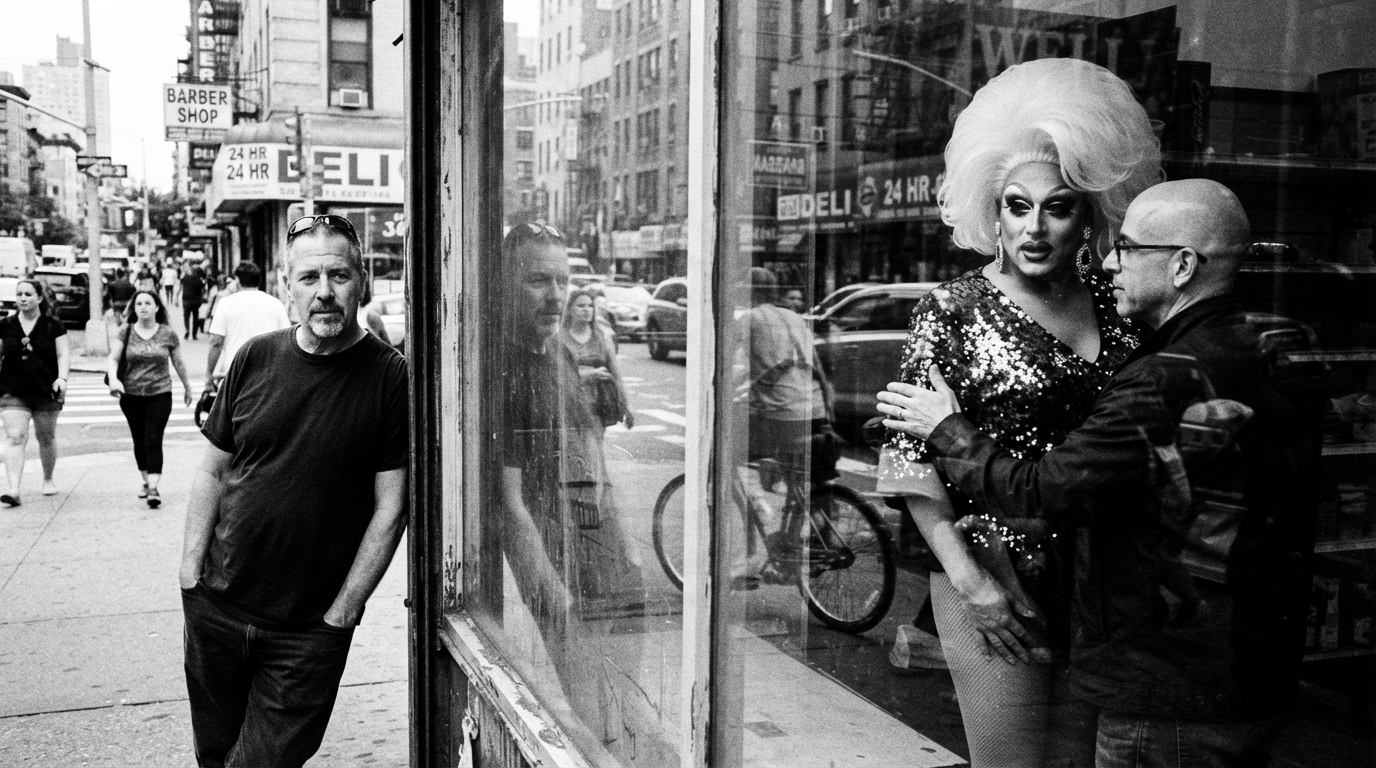 Black and white New York street scene with overlapping storefront window reflections of a drag queen and sidewalk pedestrians