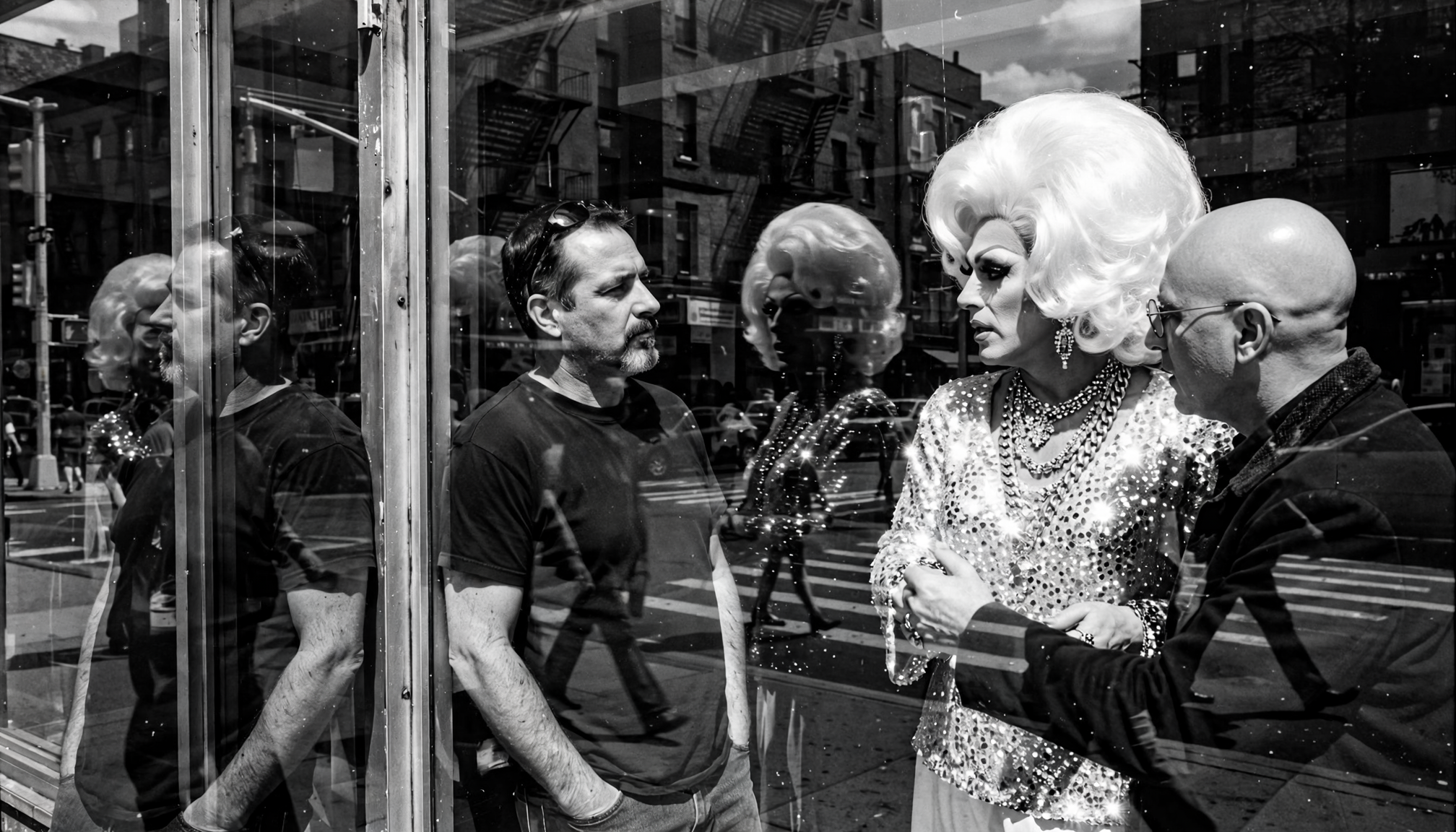 Black and white store window reflection of a glamorous drag queen conversing with two men on a city sidewalk