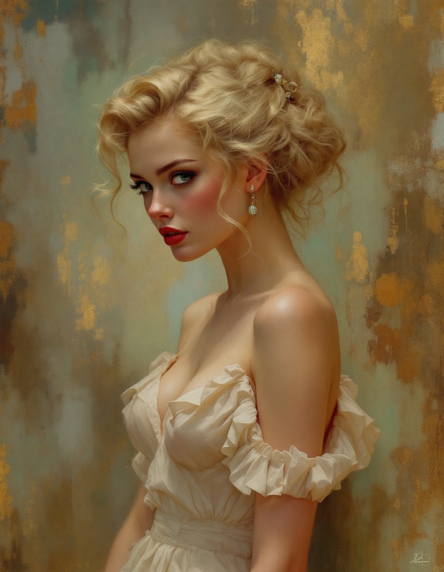 Elegant blonde woman in a ruffled cream off-shoulder gown looking over her shoulder against a gilded painterly background