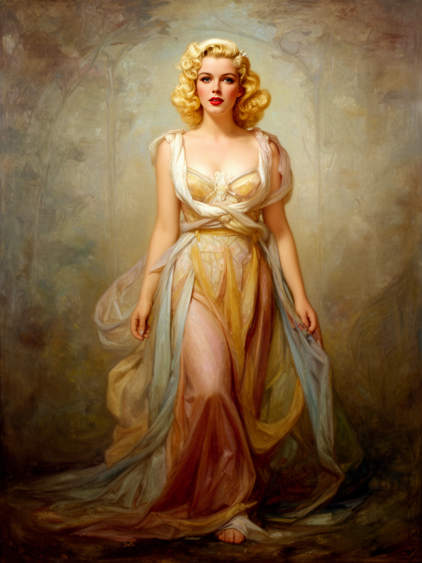 Classical oil portrait of a blonde woman in a flowing sheer draped gown standing against a soft hazy background