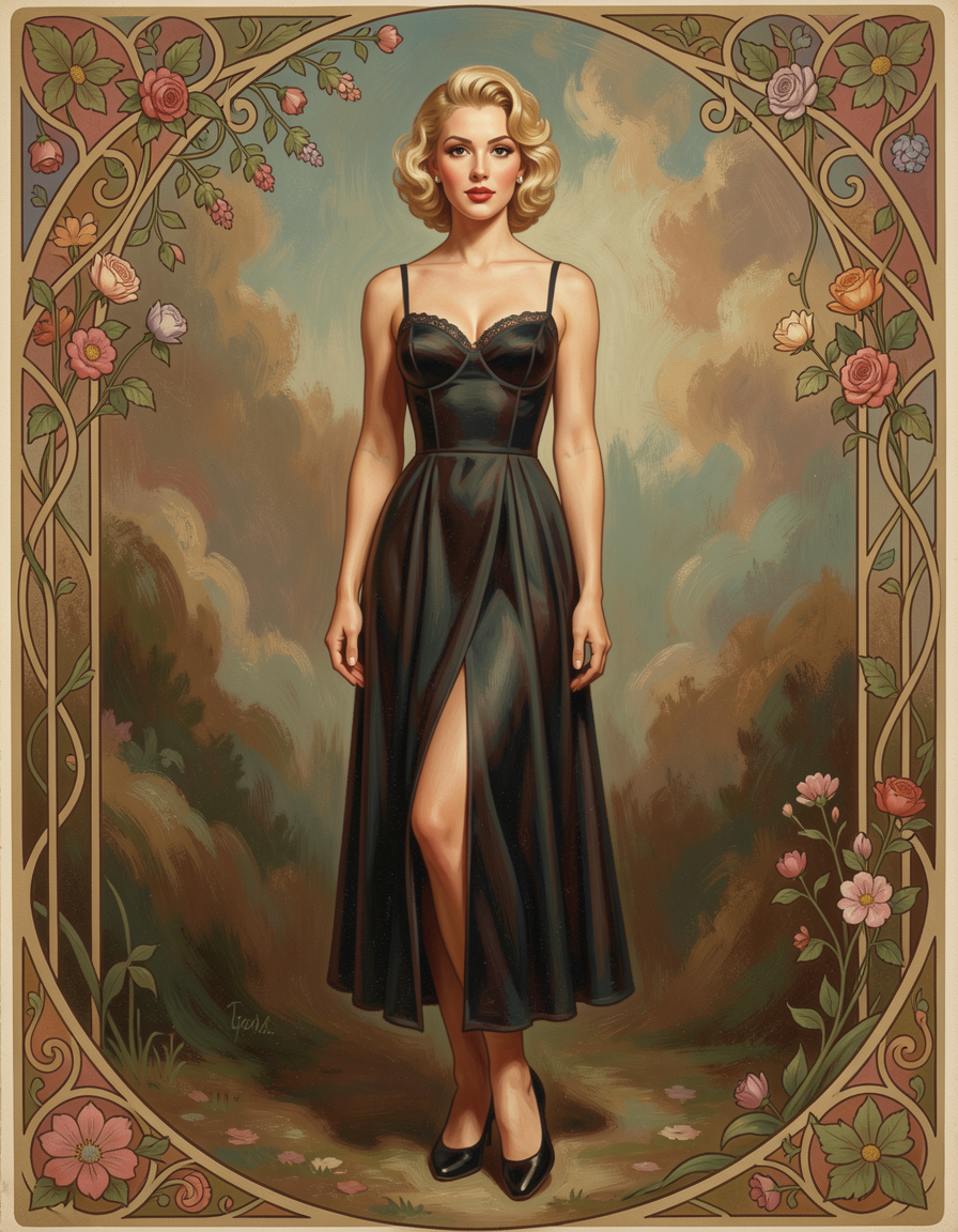 Glamorous blonde woman in a black slip dress framed by an ornate art nouveau floral border