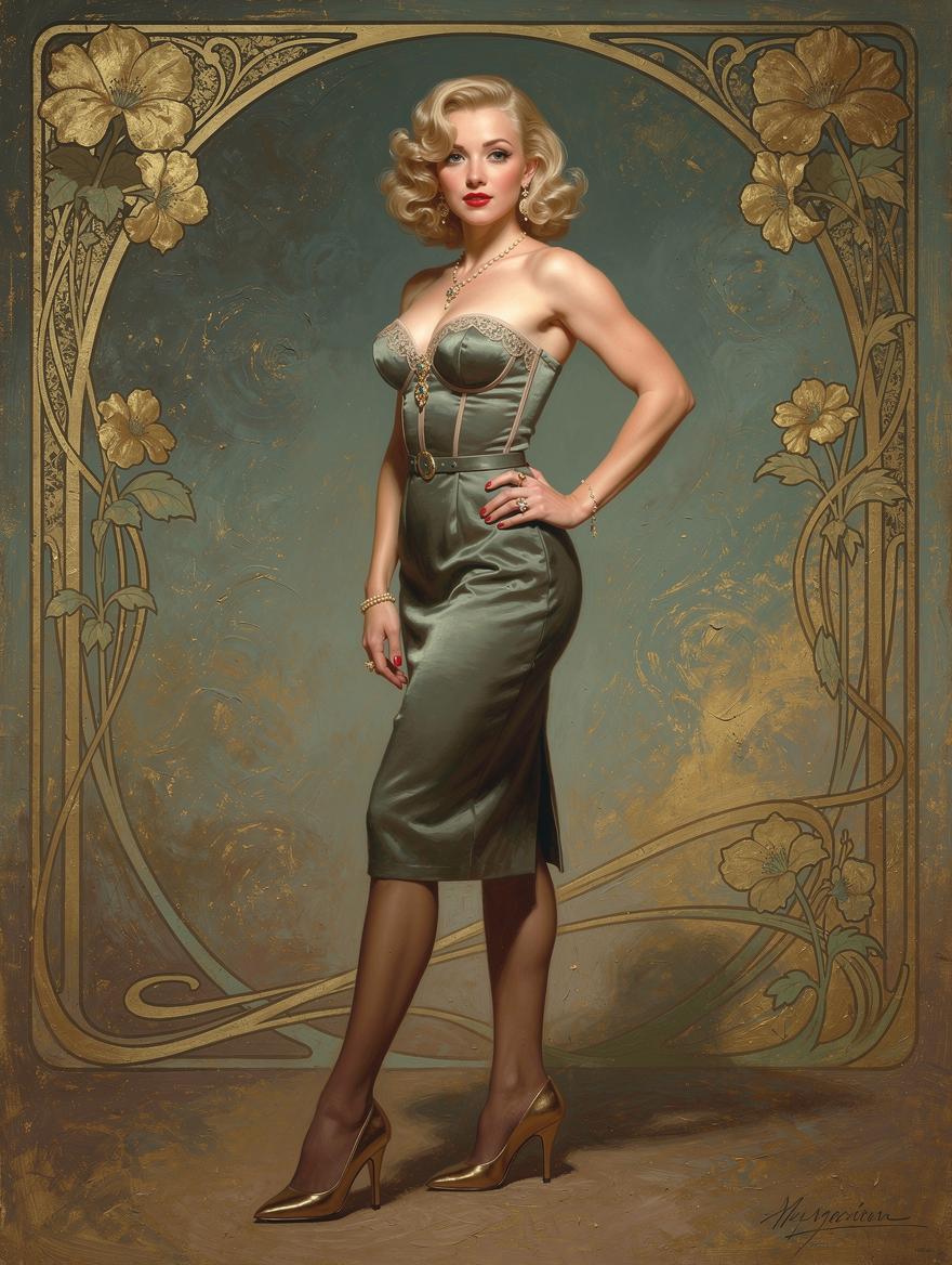 Glamorous blonde retro pinup in a sage satin corset dress posed against an ornate art nouveau frame