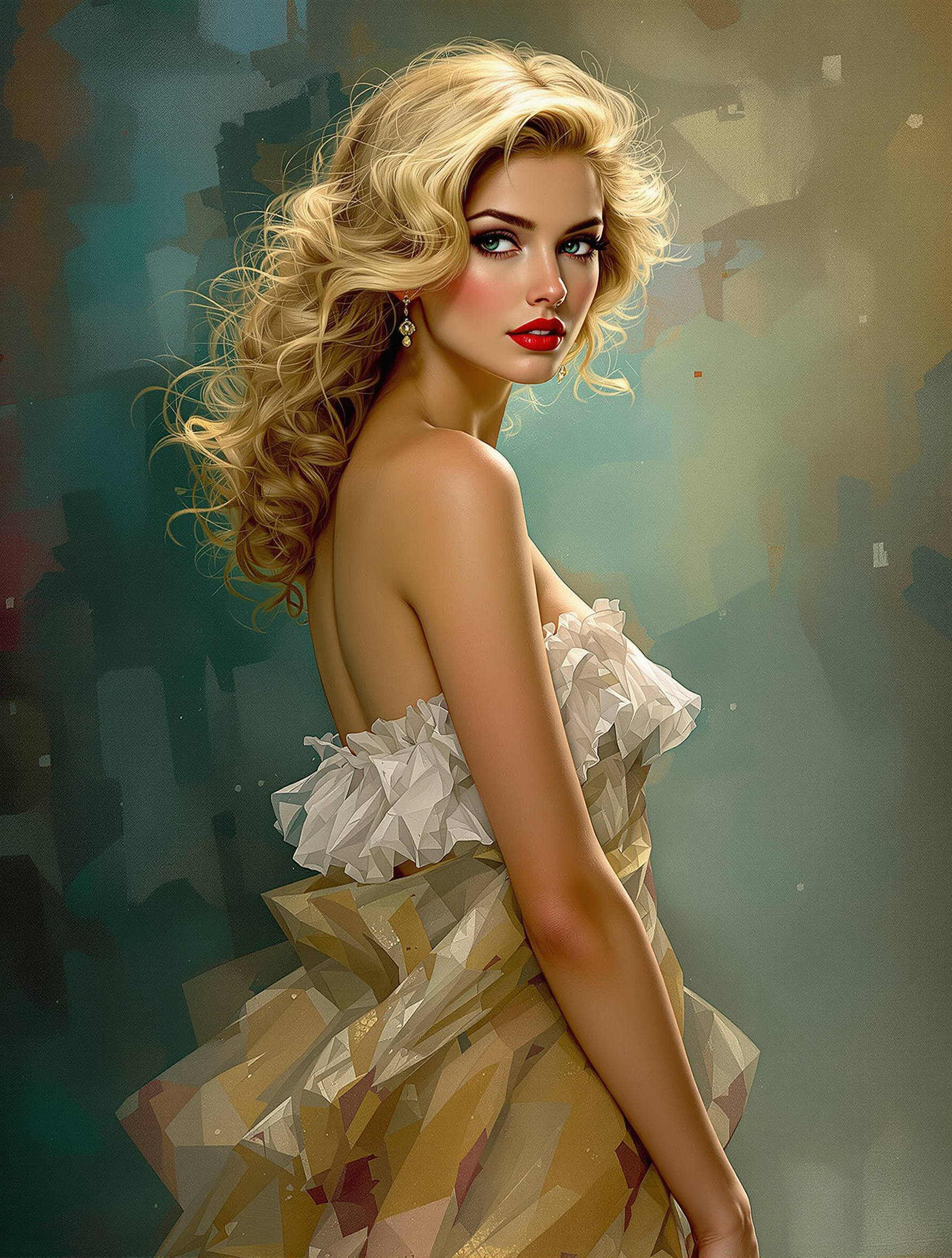 Glamorous curly blonde woman in a geometric origami gown looks over her shoulder at the viewer