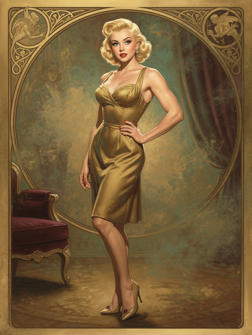 Glamorous vintage blonde in a gold satin cocktail dress poses in an art nouveau framed portrait