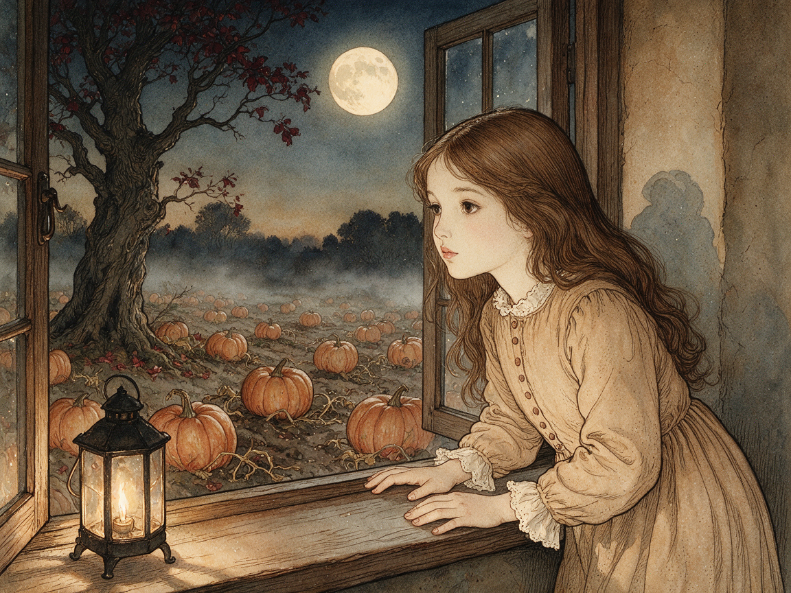 Young girl leans out a cottage window gazing at a full moon over a misty autumn pumpkin patch