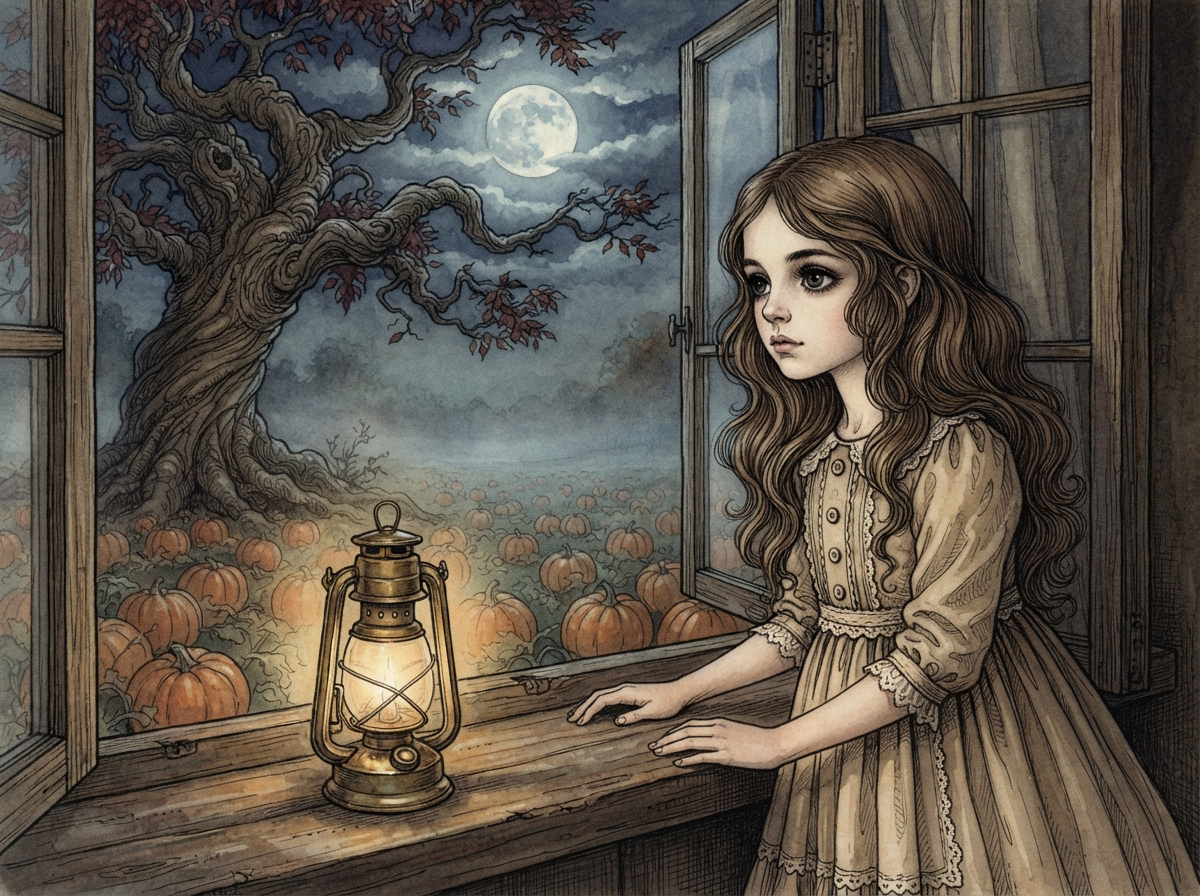 Pensive young girl in a vintage lace dress stands at an open window overlooking a moonlit autumn pumpkin patch