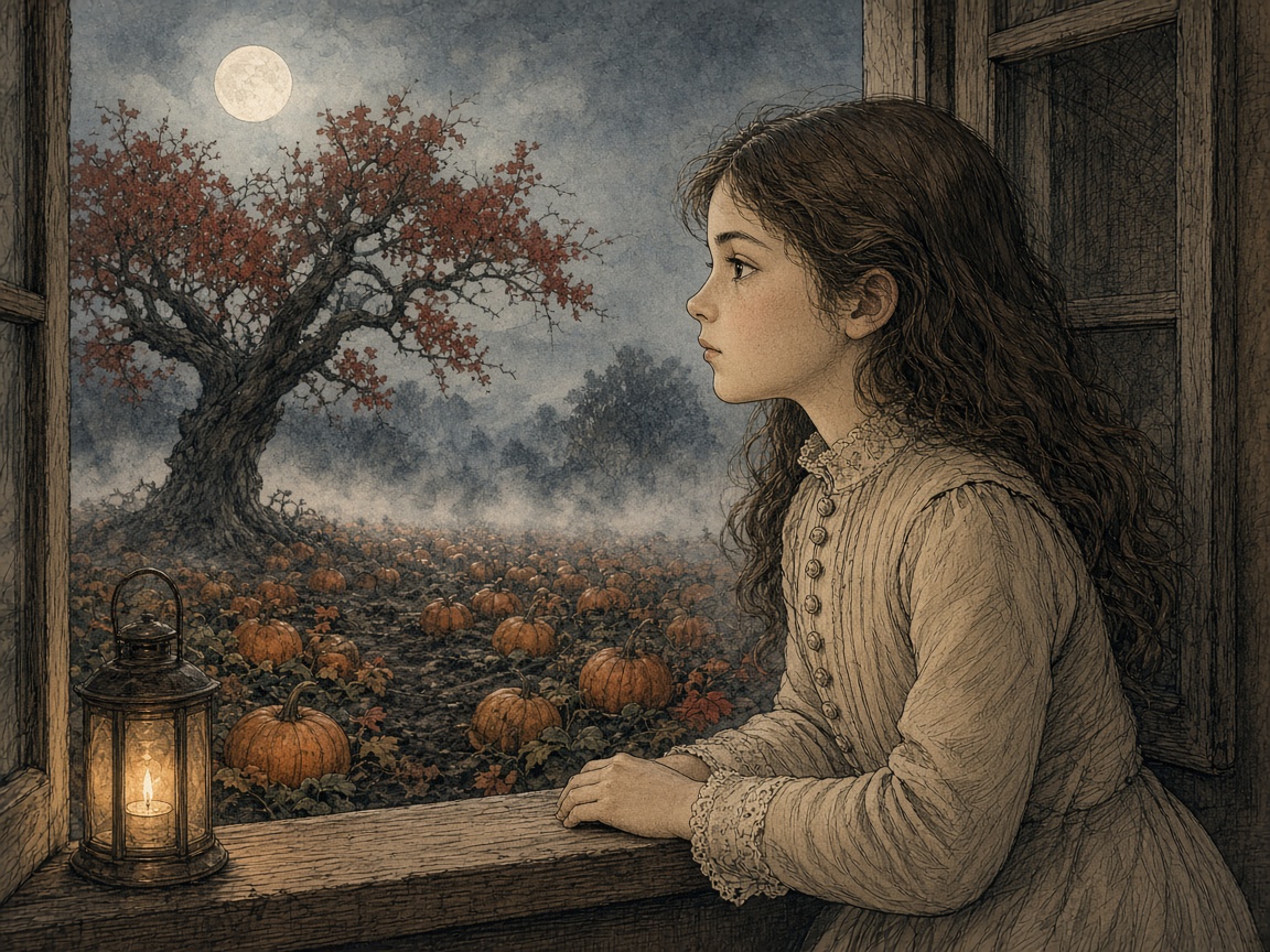 Young girl leans from a wooden window gazing at a full moon over a misty autumn pumpkin patch