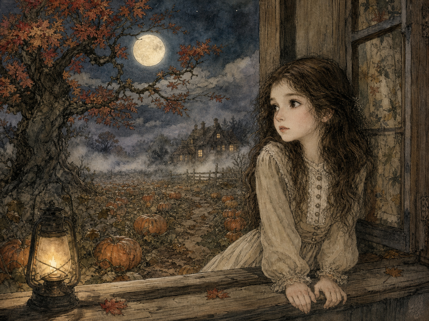 Young girl leans out a cottage window looking over a misty moonlit autumn pumpkin patch