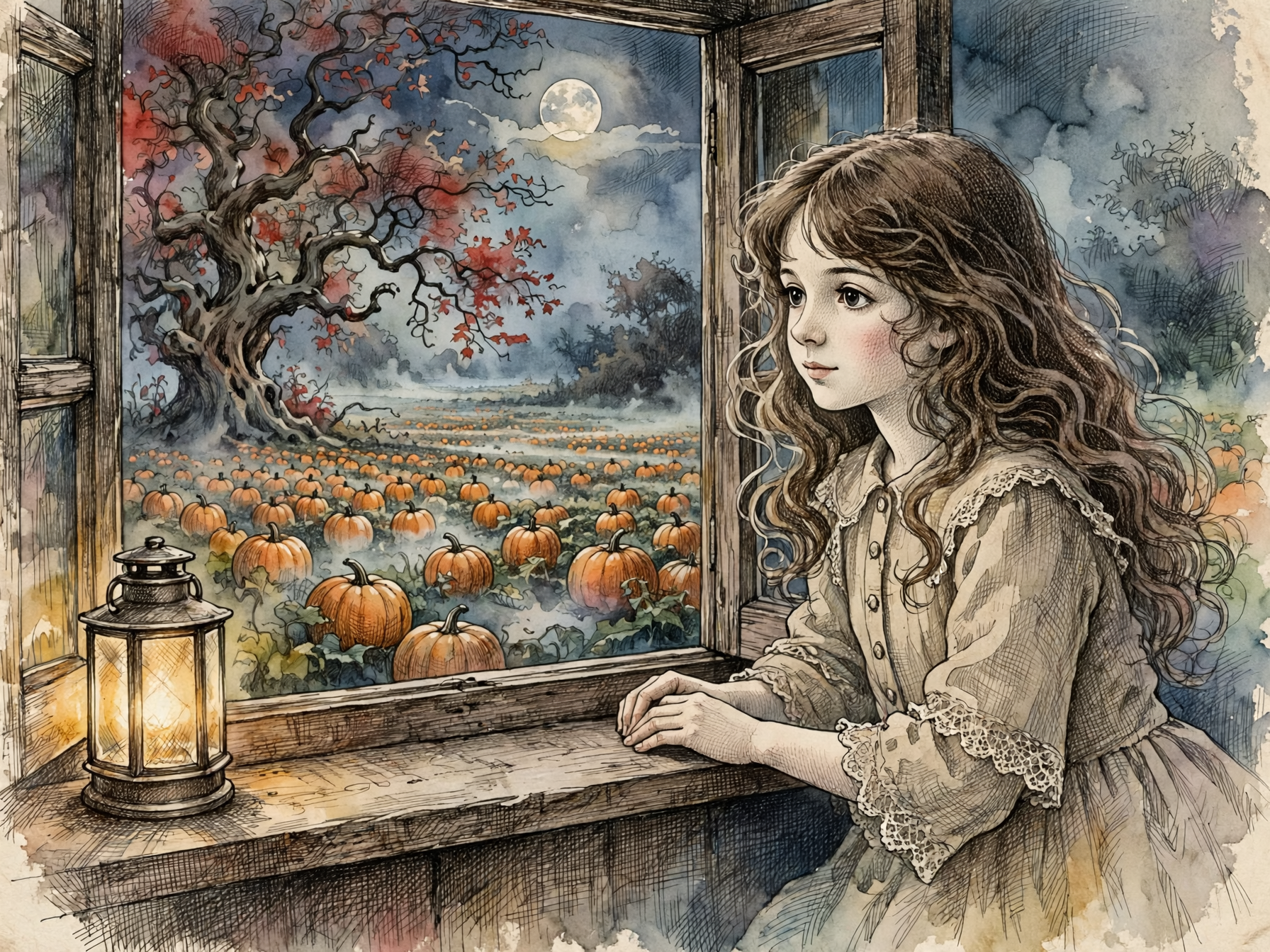 Young girl leans on a wooden windowsill gazing out at a moonlit autumn pumpkin patch at night
