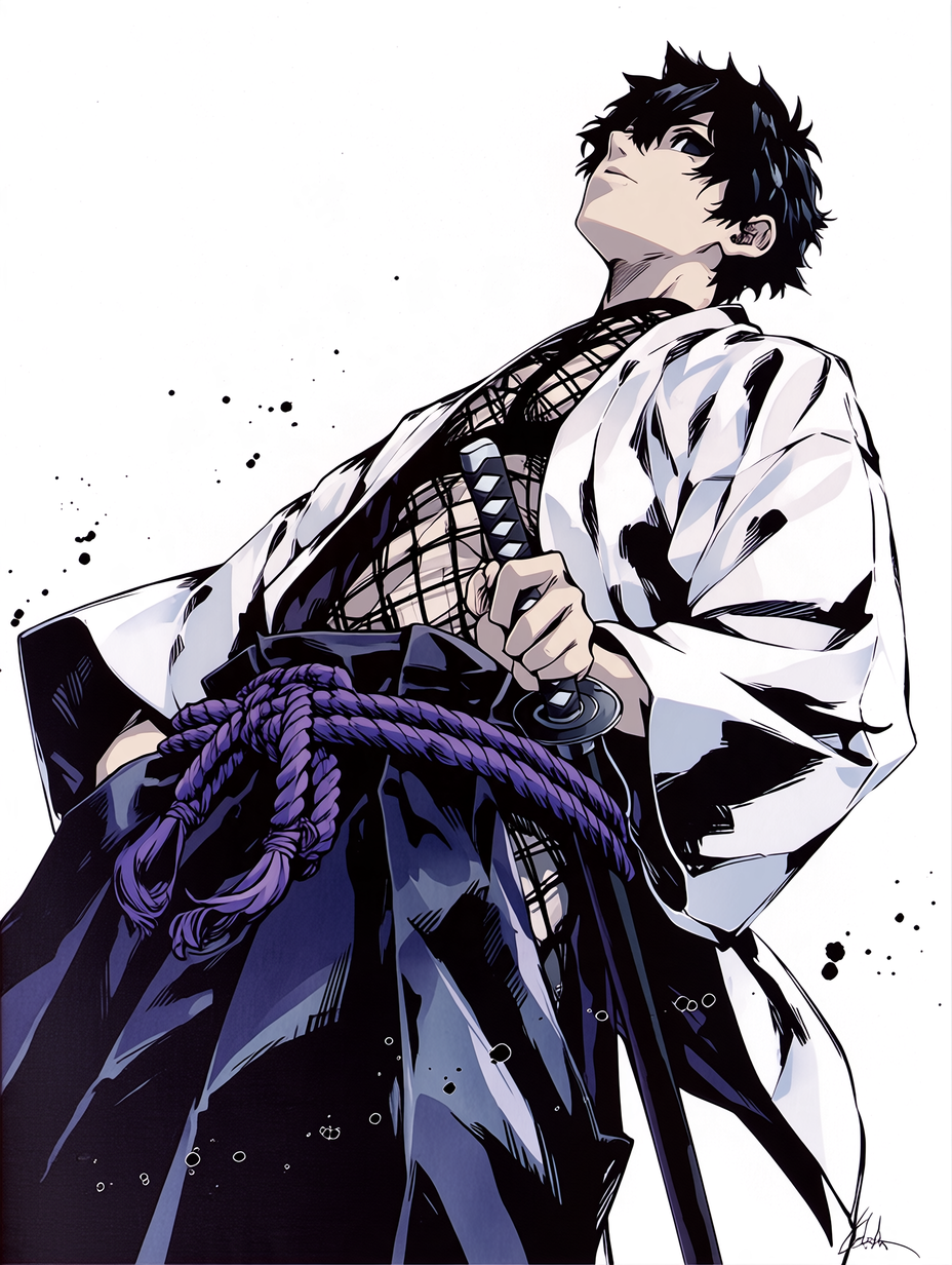 Stoic spiky black hair anime samurai holding a katana, looking upward against a plain white background