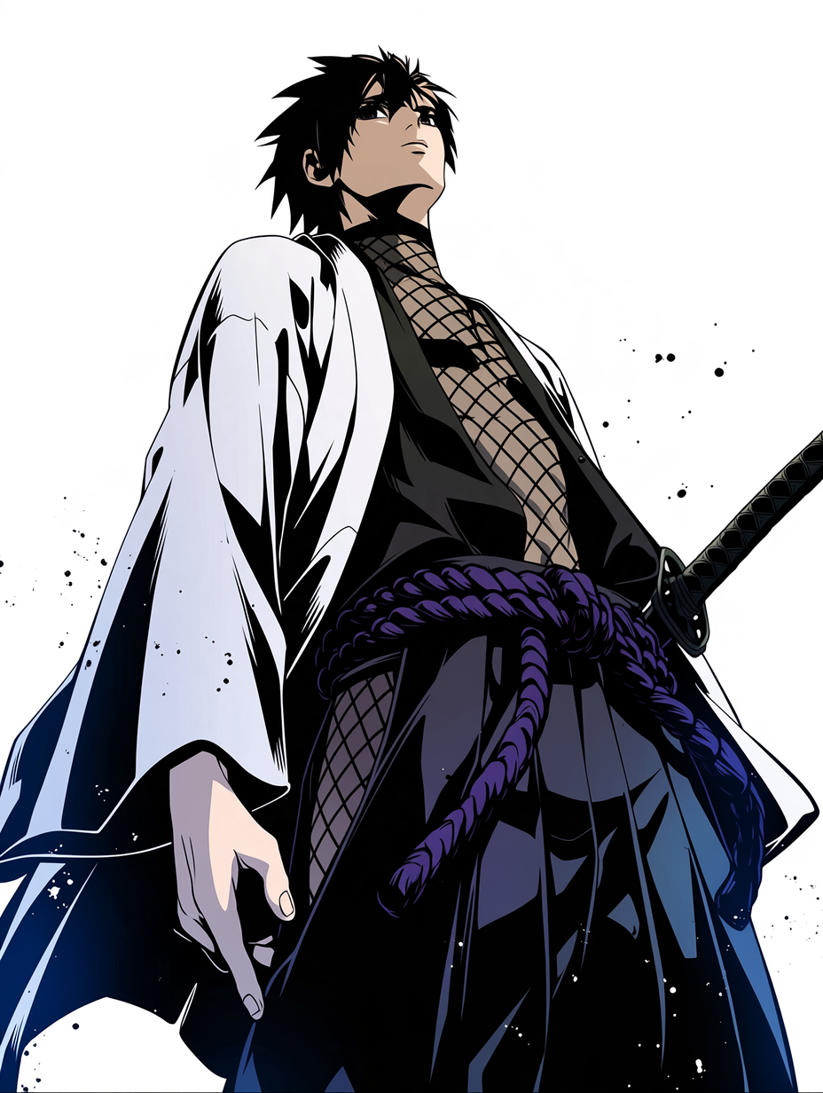 Spiky black hair anime samurai character stands with a katana, looking upward against a plain white background