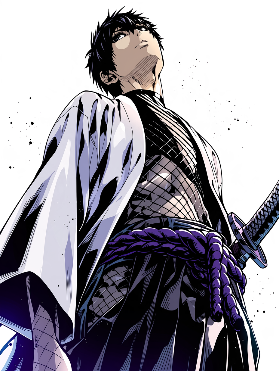 Stoic shonen anime samurai with spiky black hair tilts his head back looking upward