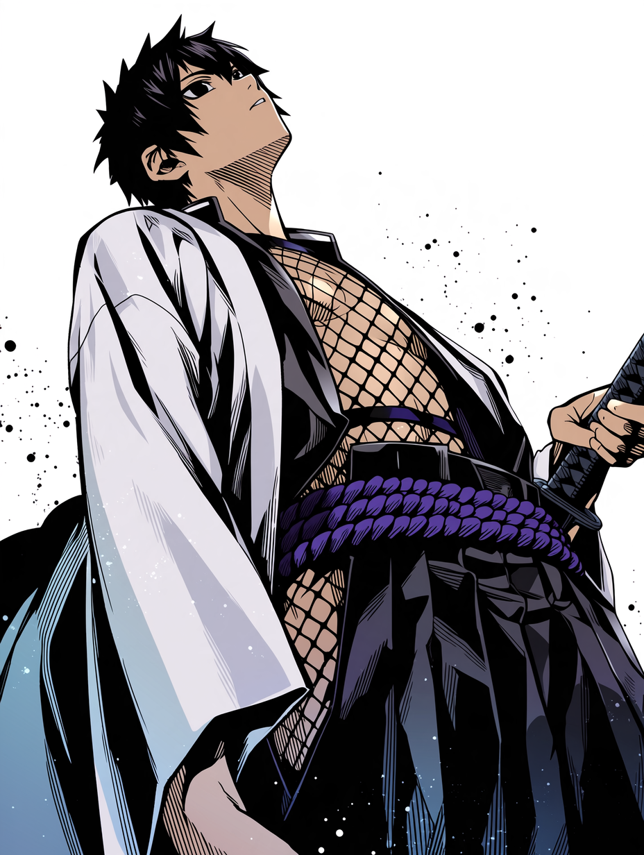 Spiky black hair anime swordsman holds a katana, gazing upward in layered samurai attire