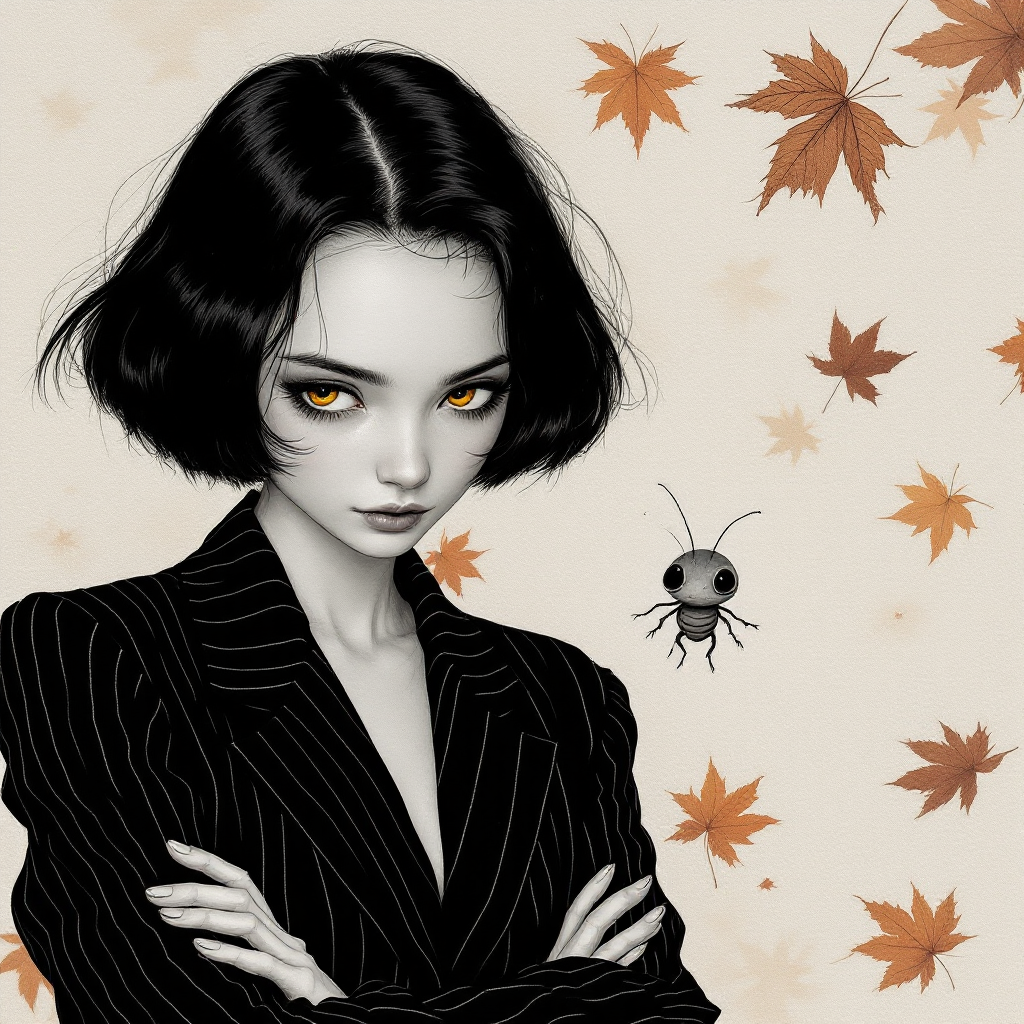 Stylized portrait of a woman with golden eyes standing beside a tiny bug and falling autumn maple leaves