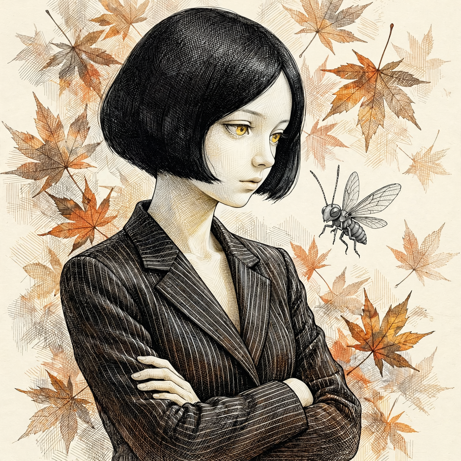 Pensive young woman with a short black bob looks at a small winged insect surrounded by autumn maple leaves
