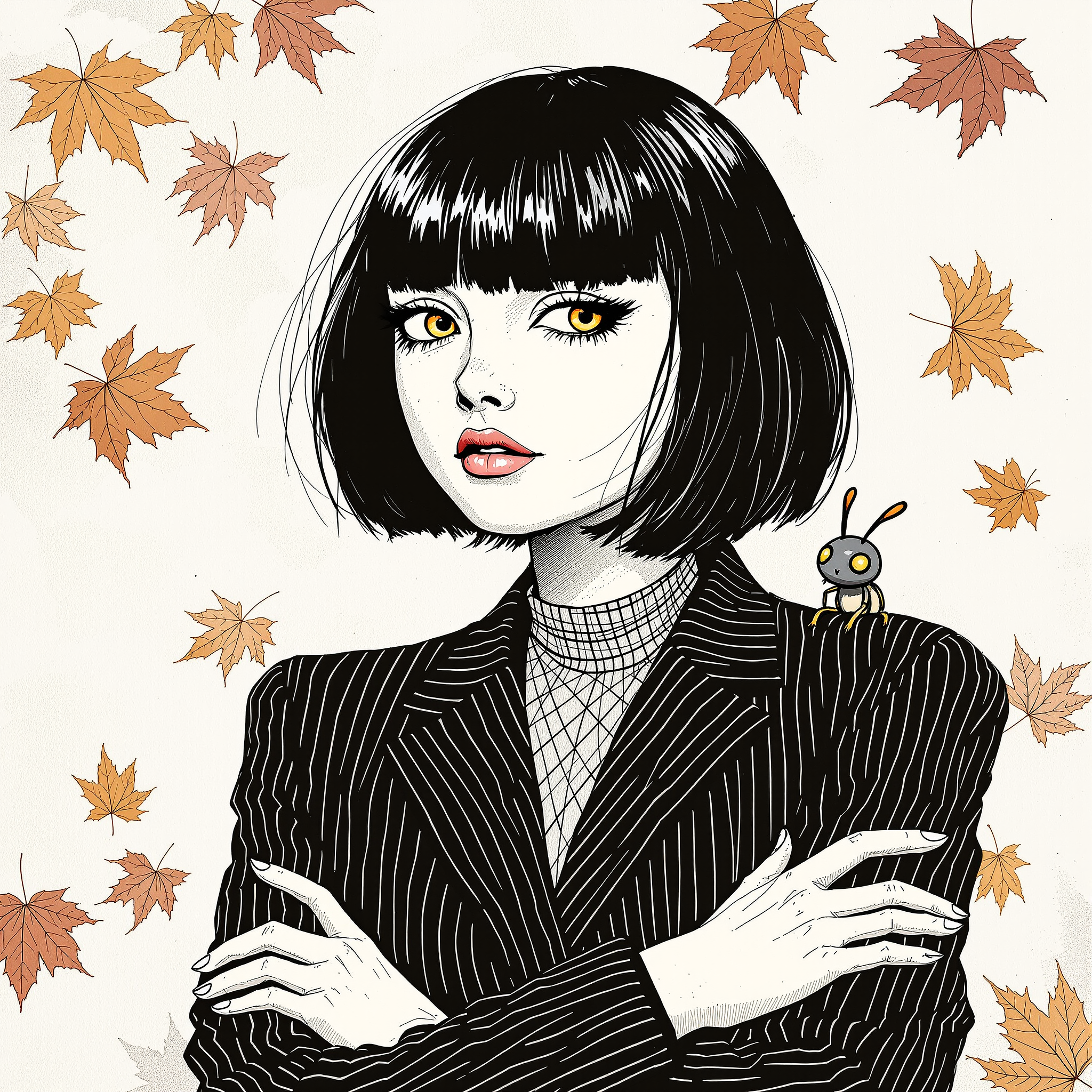 Stylized comic portrait of a woman with a black bob, tiny bug on her shoulder, surrounded by falling autumn maple leaves