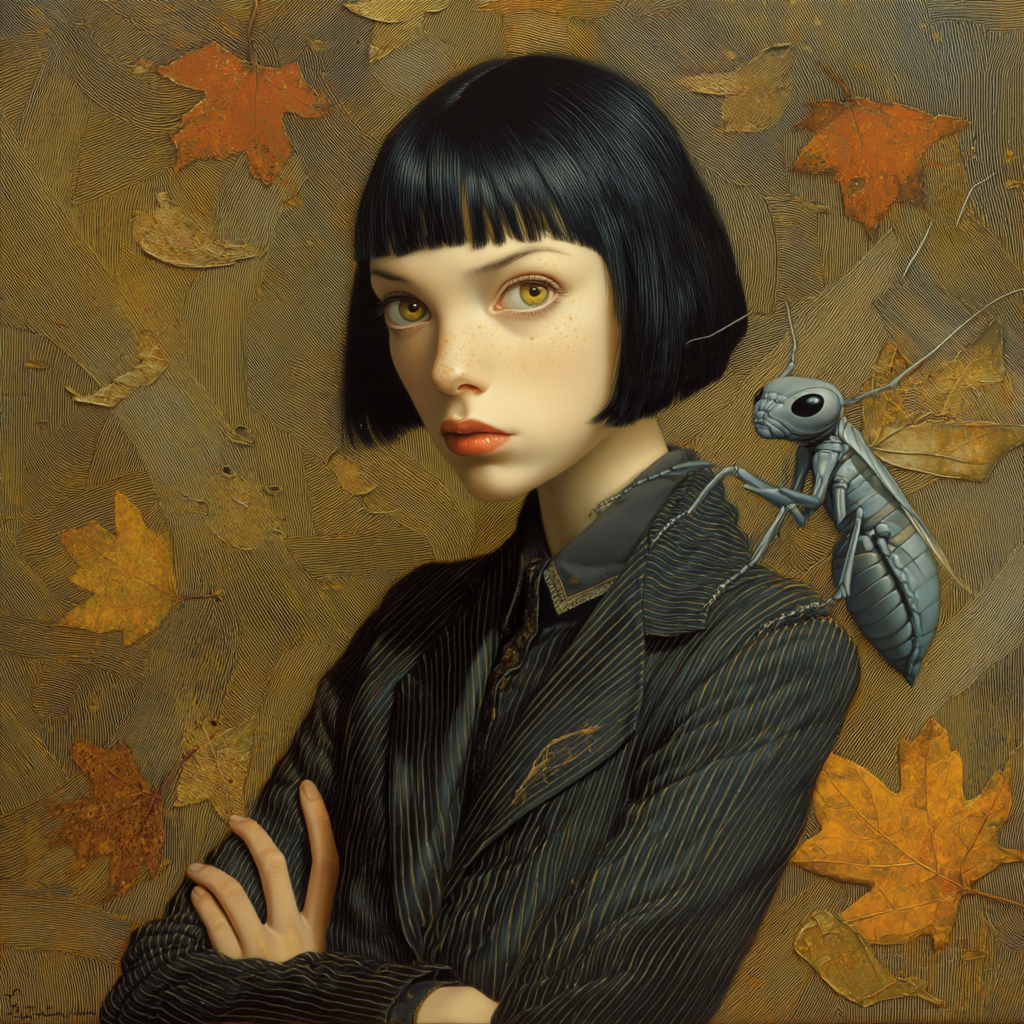 Stylized portrait of a young woman with a blunt black bob, silver insect perched on her shoulder against an autumn leaf