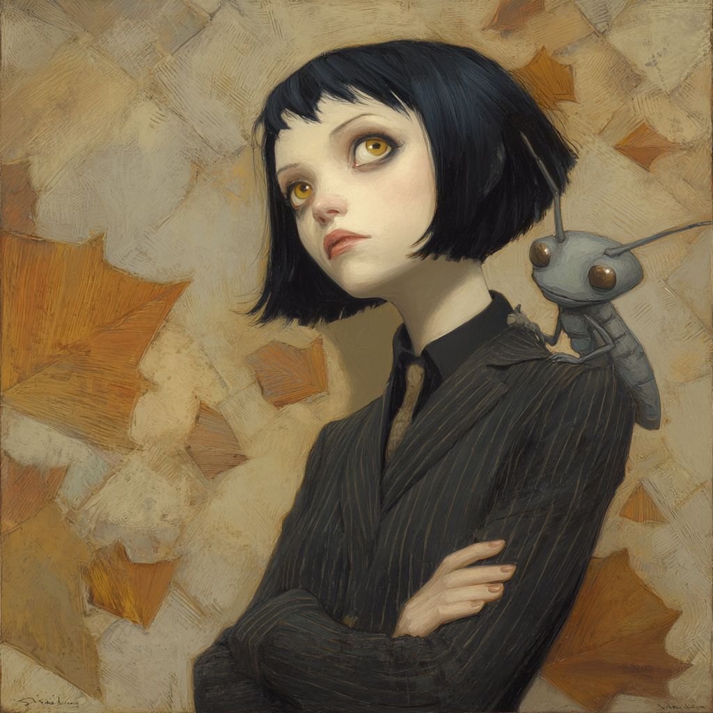 Stylized pale girl with short black bob and golden eyes has a small insectoid creature perched on her shoulder