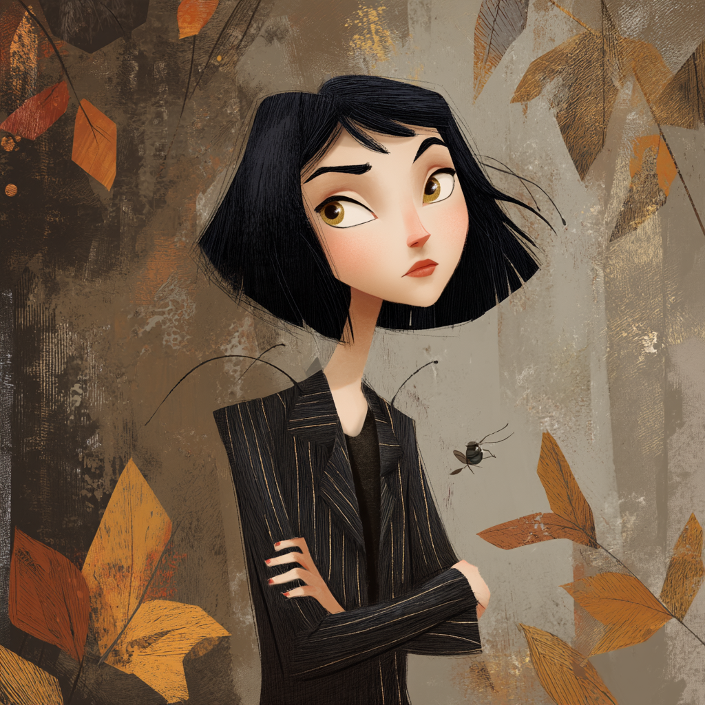 Stylized illustrated young woman with short black bob stands arms crossed in a moody autumn forest