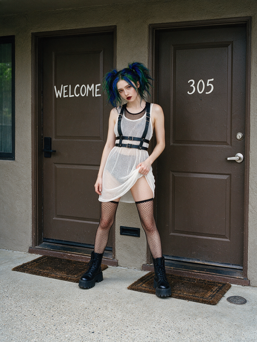 Young alt goth woman with blue-green pigtails poses between two brown apartment entry doors