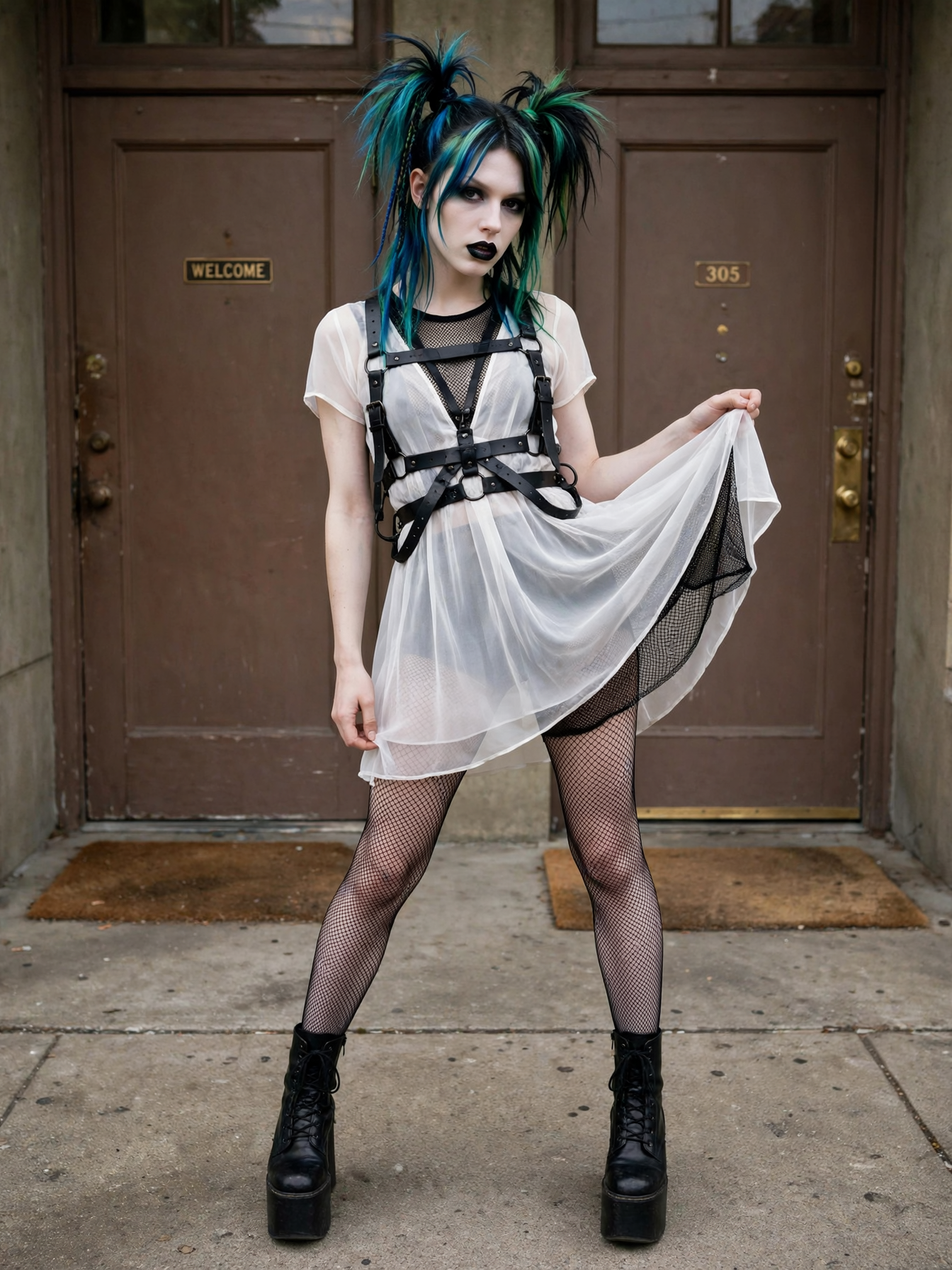 Alternative goth model with blue-green pigtails holds up her sheer dress while standing on an apartment porch