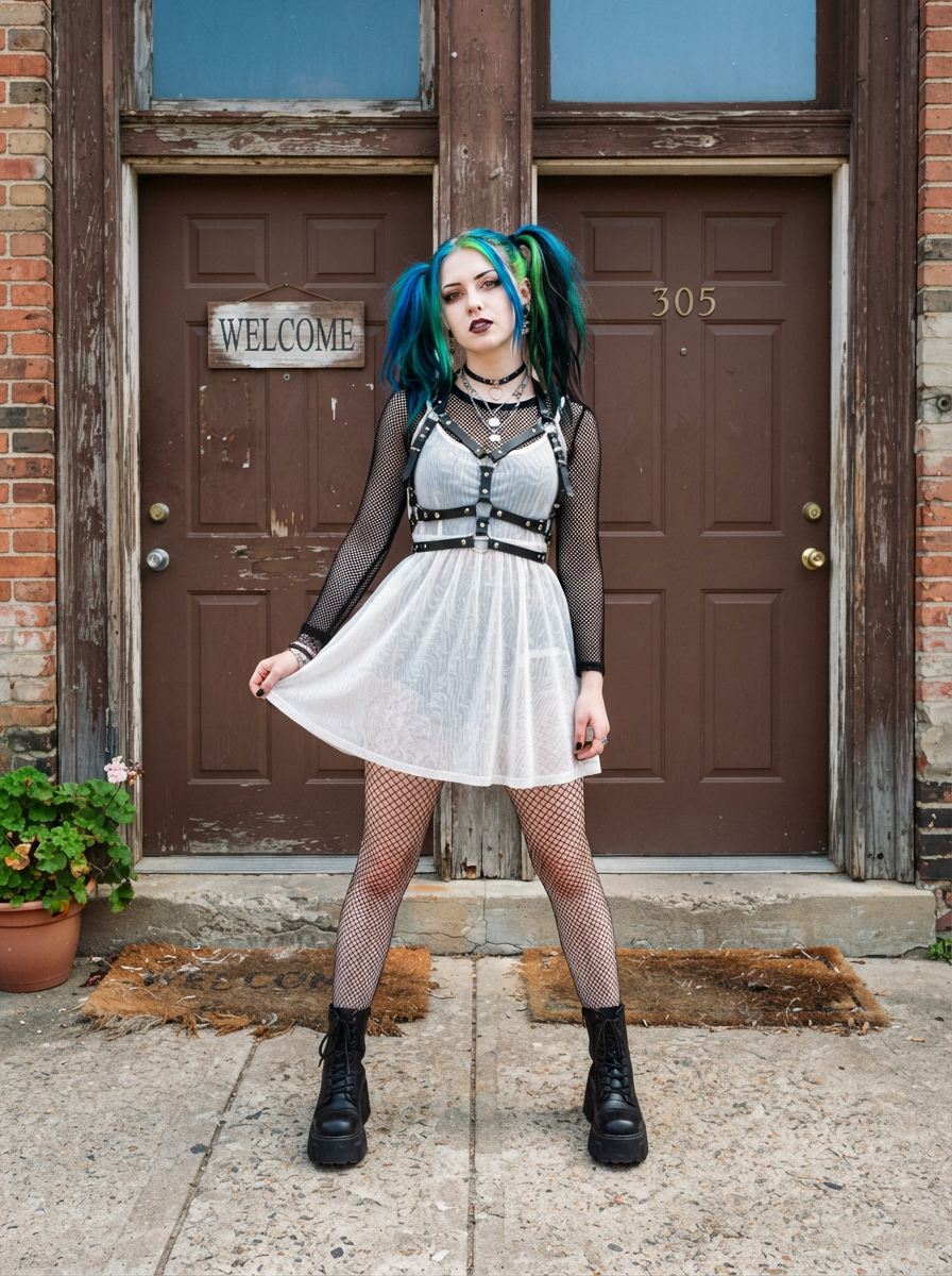 Alt goth woman with bright blue green pigtails posing on a weathered apartment porch