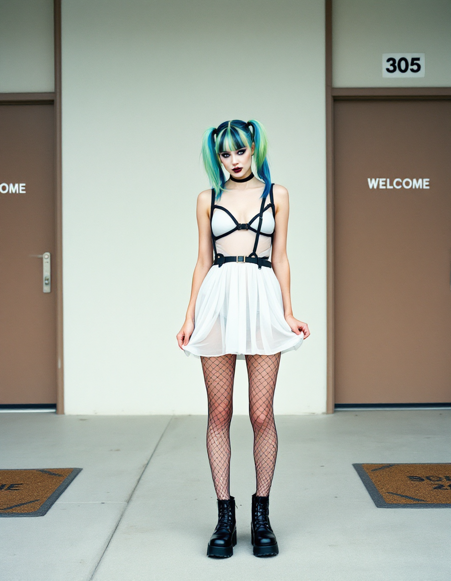 Woman with blue-green gradient pigtails in alternative fashion stands in an apartment hallway