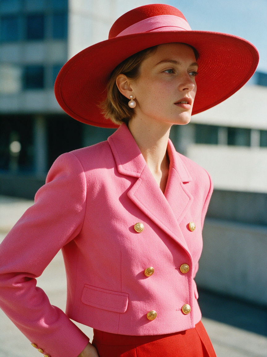 Elegant poised woman in a pink blazer and wide red hat stands in a sunny urban outdoor setting