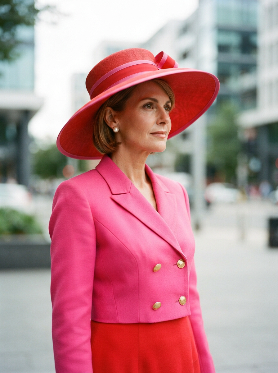 Poised elegant woman in a bright pink blazer and wide red formal hat stands on a downtown city sidewalk