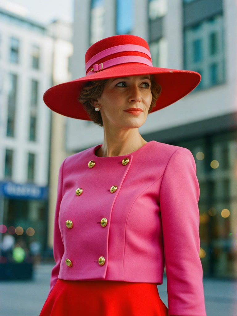 Poised elegant woman in a pink blazer and red wide-brimmed hat stands on a city street