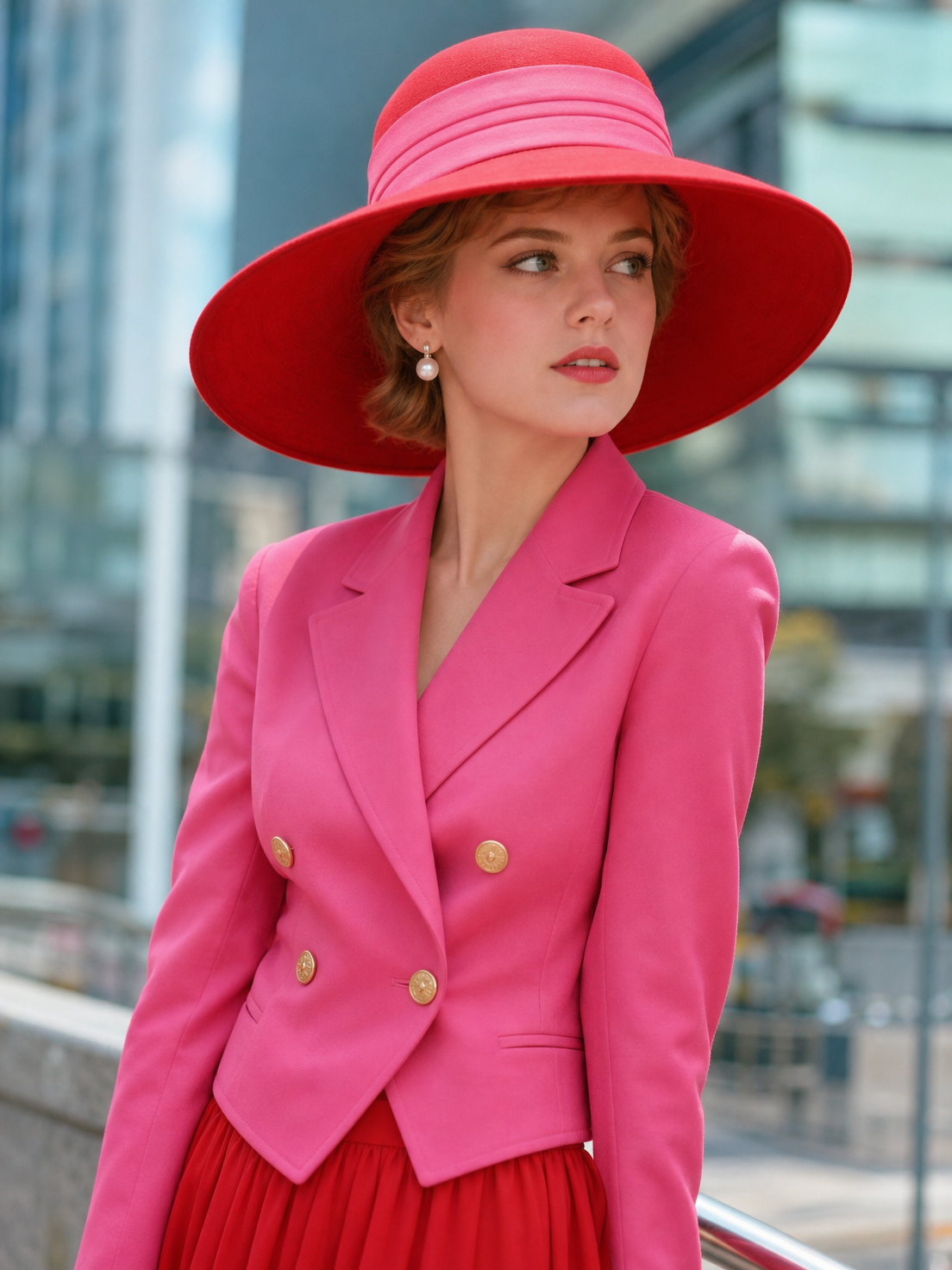 Elegant woman in a red wide brim hat and bright pink blazer stands against a blurred modern city backdrop
