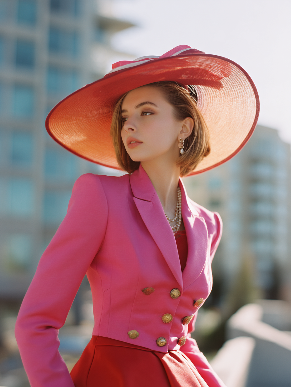 Elegant young woman in a wide red hat and bright pink blazer poses against a blurred city background